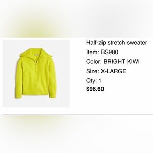 Jcrew half zip. Size XL. Knit. Lime green. Never worn. Tags on.